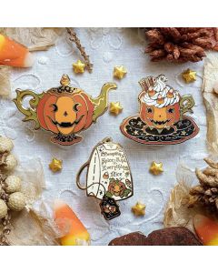 SPOOKY TEA SET mini enamel pins. Hard enamel pin. witchy pin. Teapot, teacup, tea filter enamel pins. Glitter. Brooch. Pumpkin spiced latte.